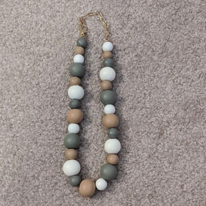 Beaded Necklace Wood Natural Neutral Gold Statement Chunky Casual Jewelry